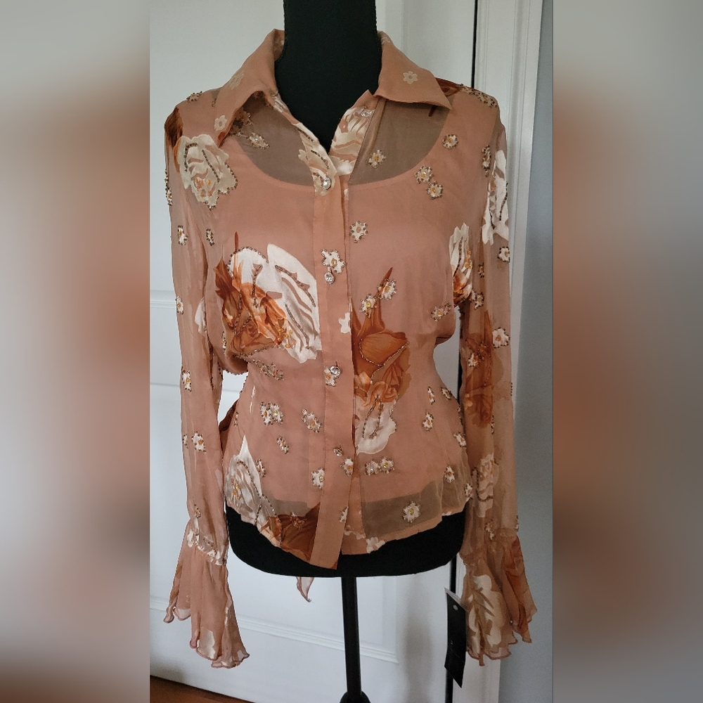 JS Boutique blouse, sz M, peach floral with peach tank, NWT